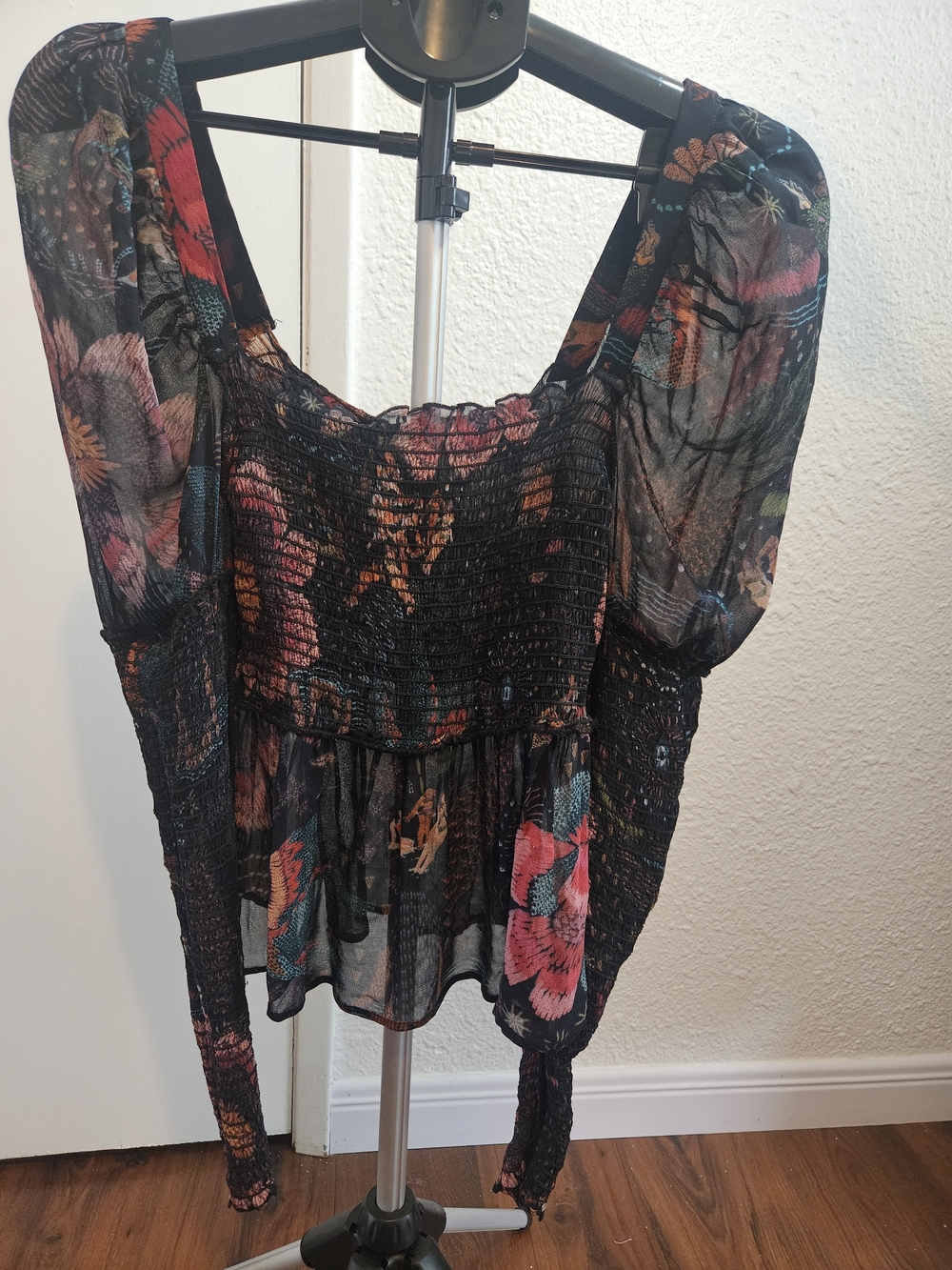 FARM Rio Black Smocked Peasant Top with Multicolor Floral Print